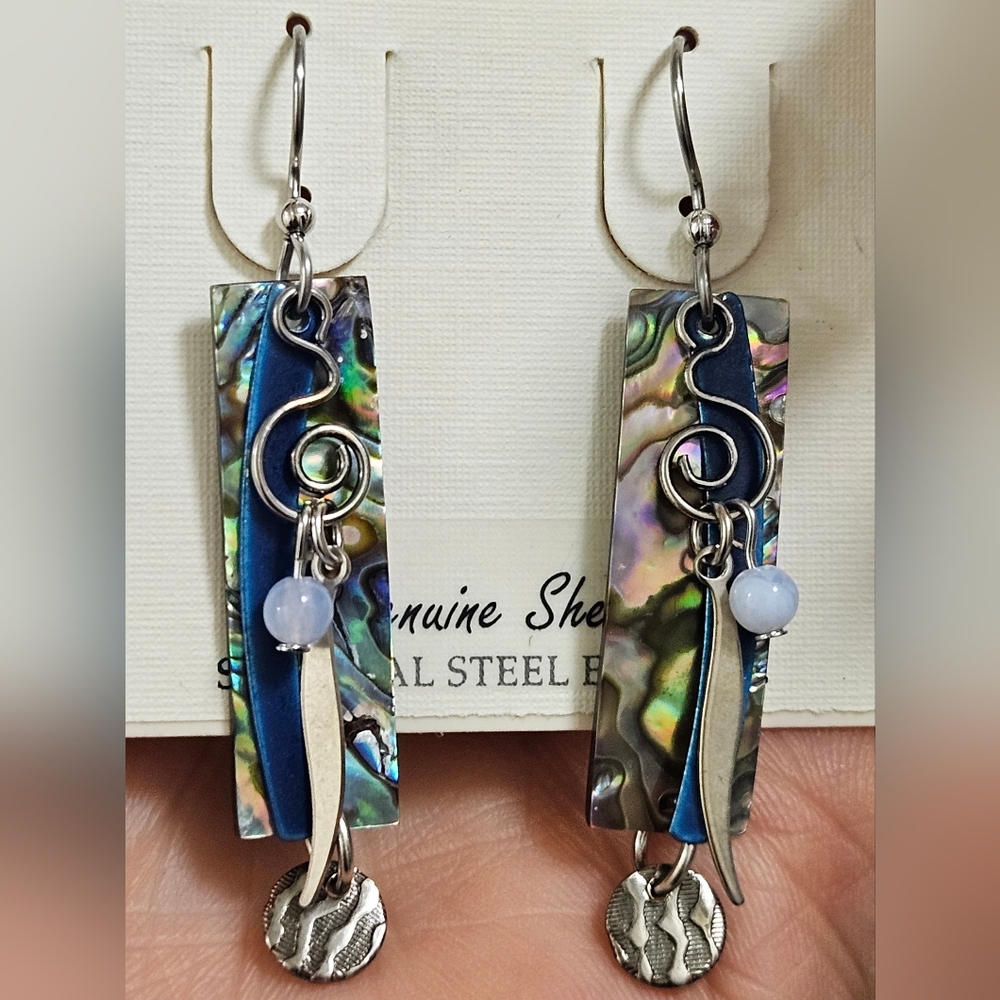 Silver Forest Abalone Shell Gemstone Surgical Steel Earwire Rectangle EARRINGS